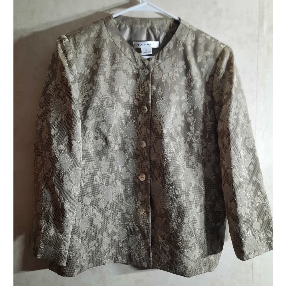 Neutral Jacquard Floral Blazer Womens 12 Brocade Mother of Pearl Button Jacket